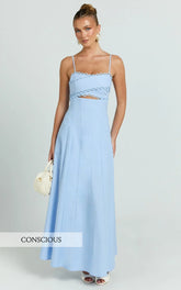 Lila Maxi Dress - Scallop Edge Fit And Flare Dress in Blue