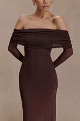 Josie Off Shoulder Mesh Maxi Dress - Dark Brown