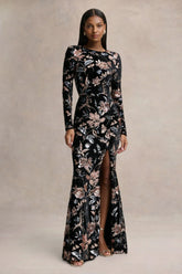 Lyric | Black Floral Velvet And Sequin Embellished Crew-Neck Maxi Dress